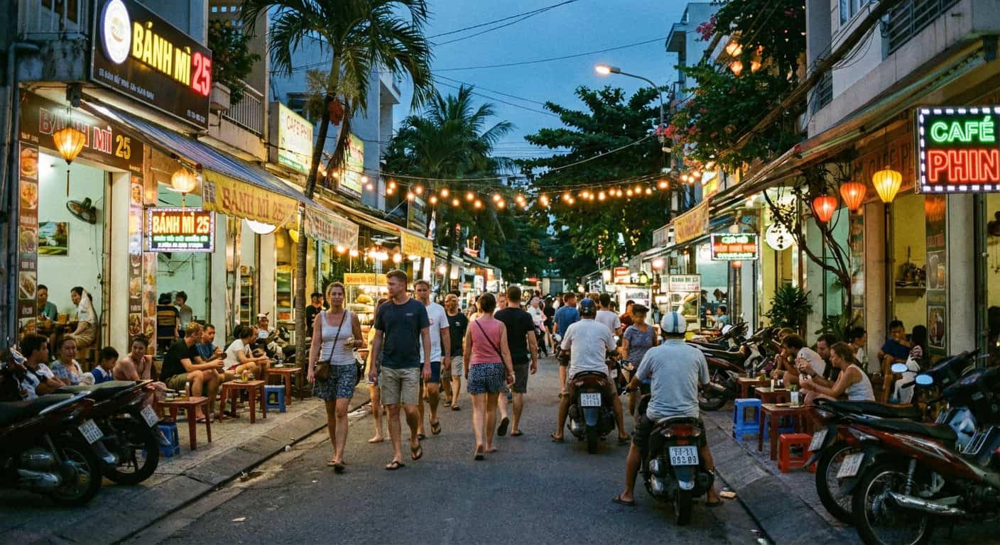 An Thuong neighborhood street in Da Nang with cafes and warm evening lights