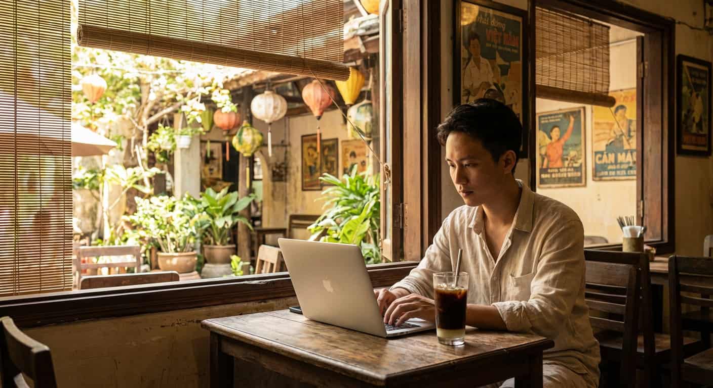 Digital nomad working at a Vietnamese cafe with iced coffee and MacBook