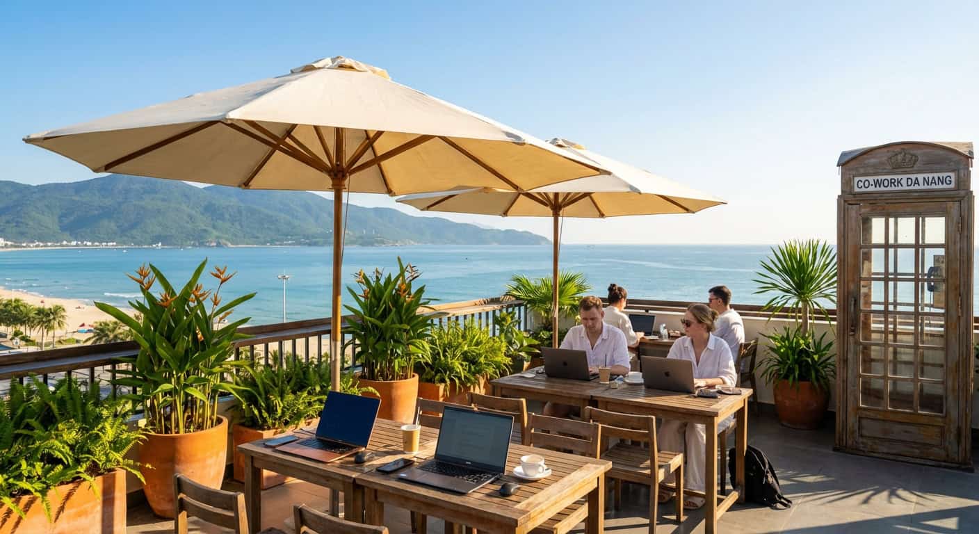 Rooftop coworking terrace with ocean view in Da Nang