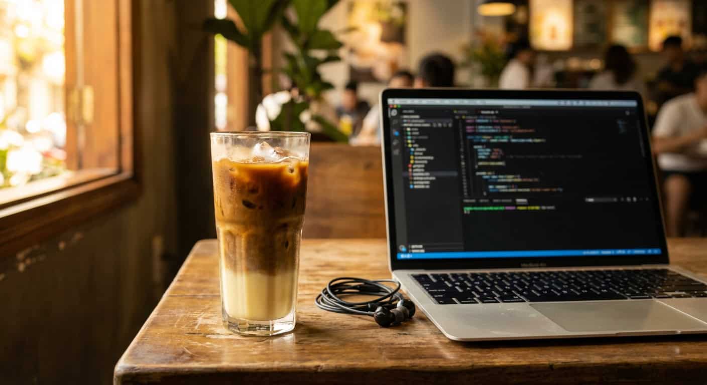 Vietnamese iced coffee ca phe sua da next to a laptop in a Da Nang cafe