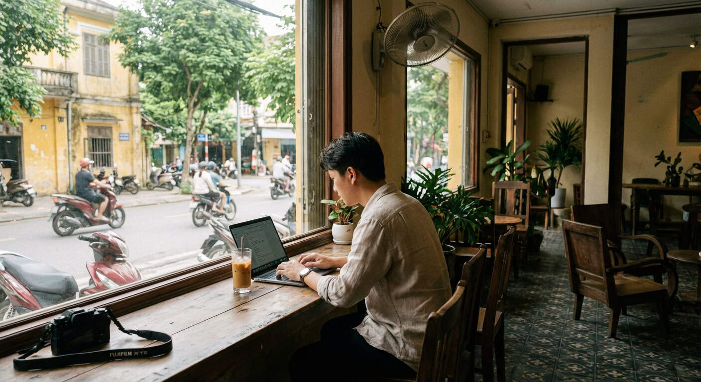 Digital nomad working in a cozy Vietnamese coffee shop in Da Nang