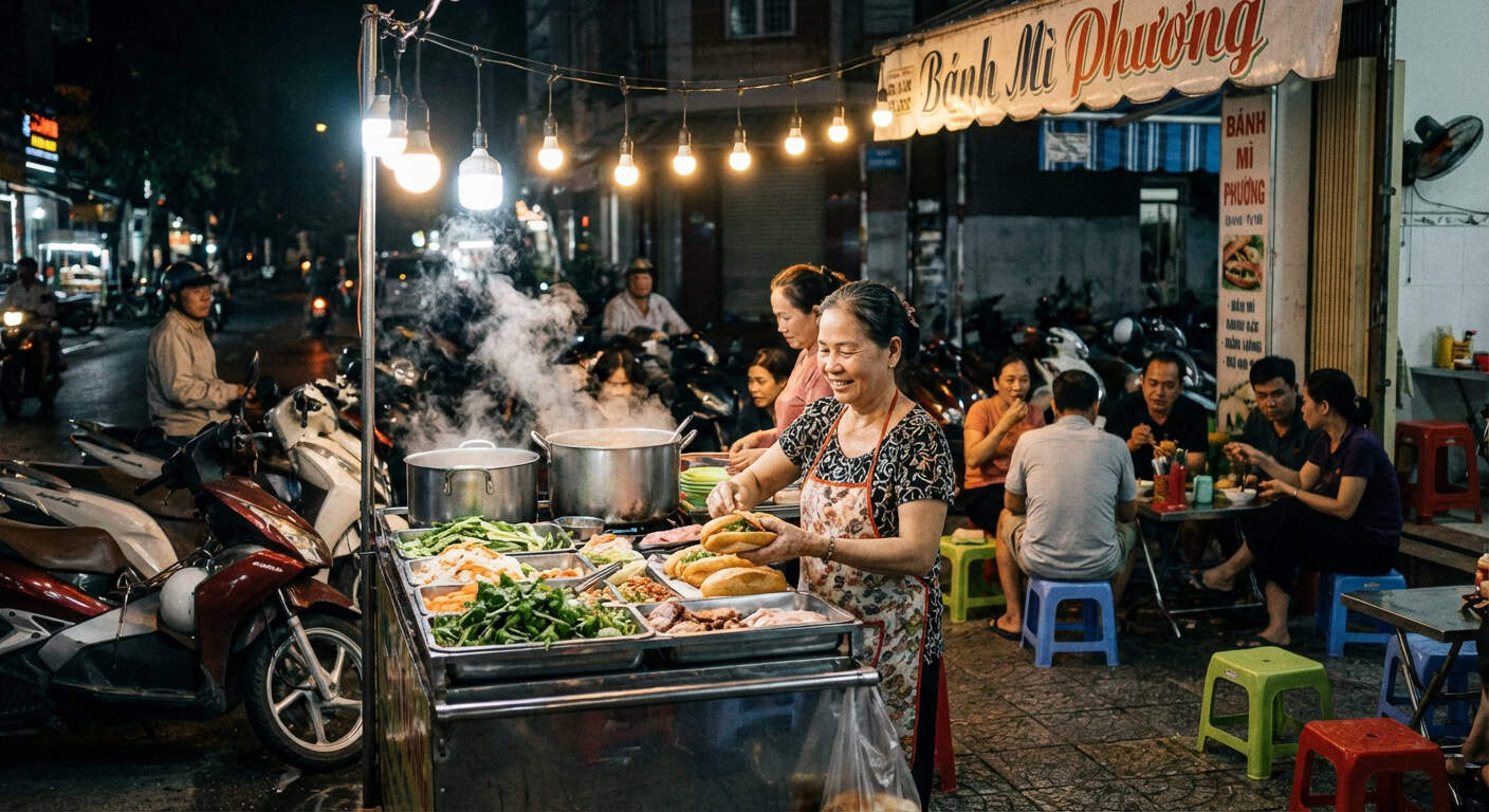 Vietnamese street food vendor preparing banh mi at a bustling night stall in Da Nang