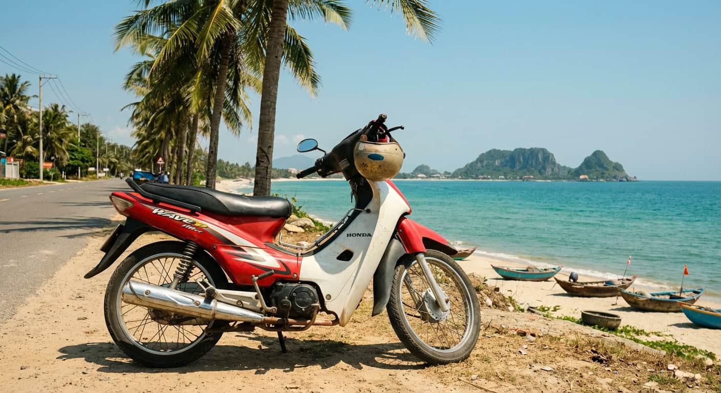 Honda motorbike parked on a coastal road in Da Nang Vietnam
