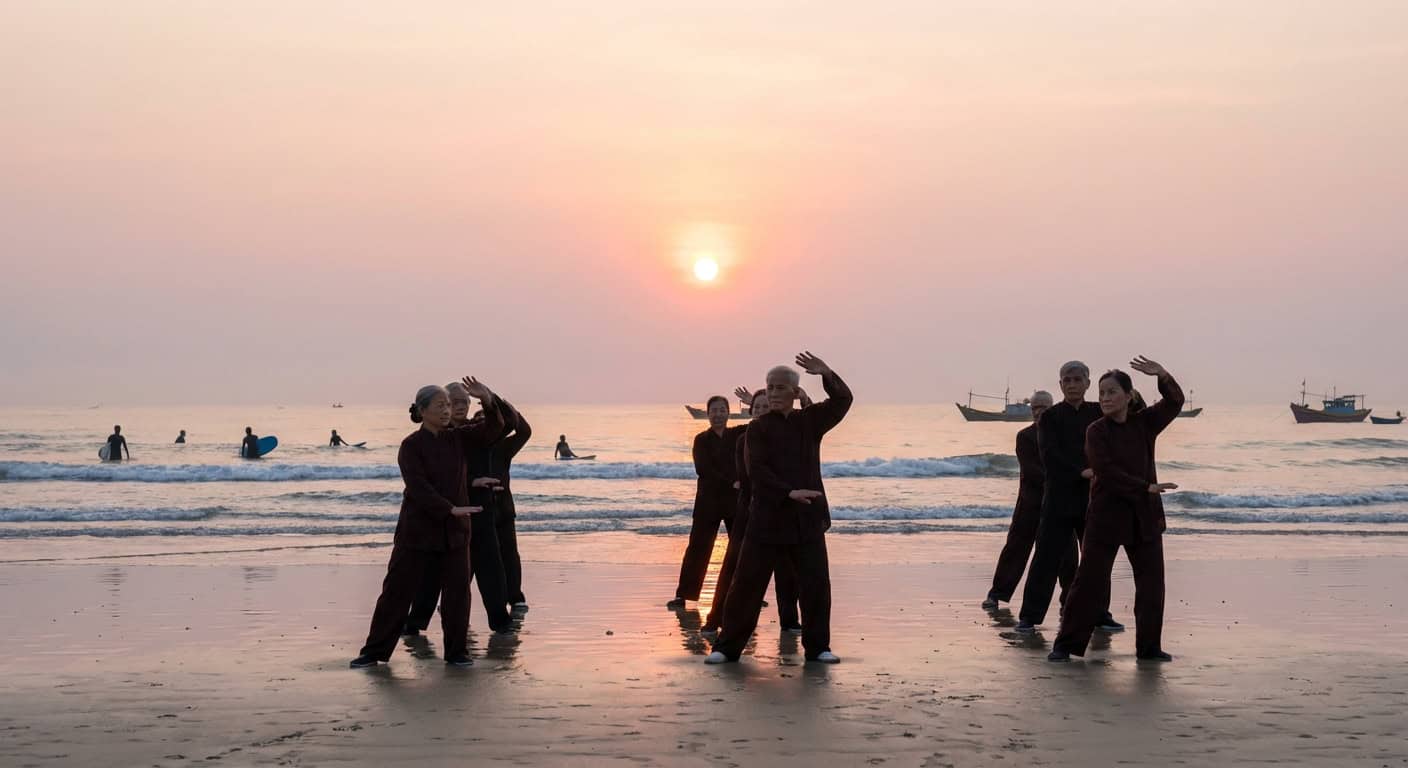 Early morning at My Khe Beach Da Nang with locals doing tai chi and surfers