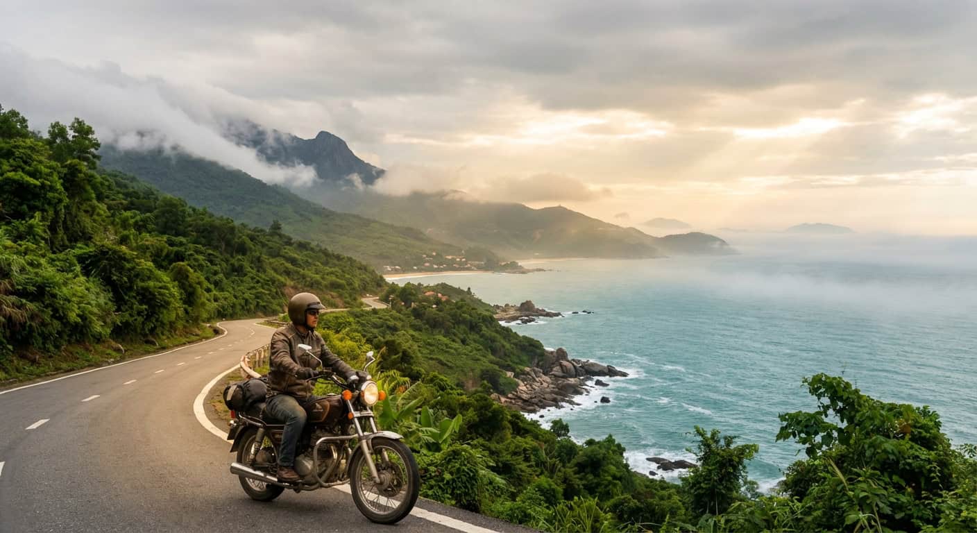 Motorcyclist riding the scenic Hai Van Pass in Vietnam with ocean views