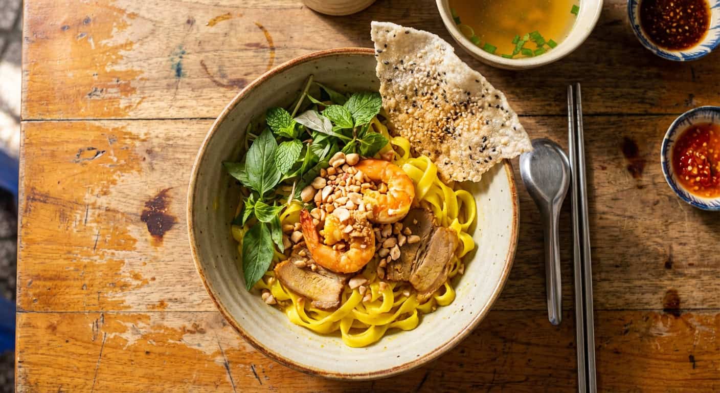 Bowl of Mi Quang noodles, Da Nang signature dish with turmeric noodles and fresh herbs