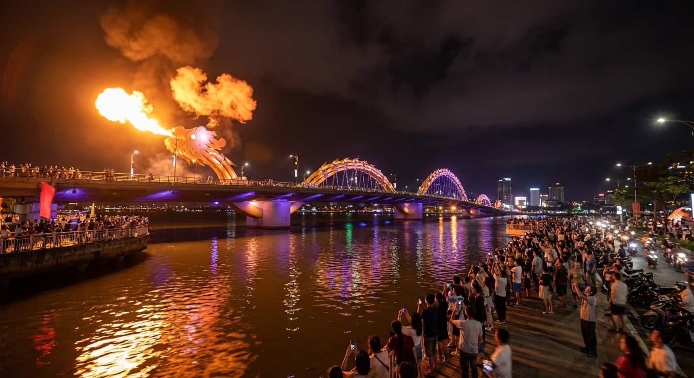 Dragon Bridge in Da Nang breathing fire over the Han River at night