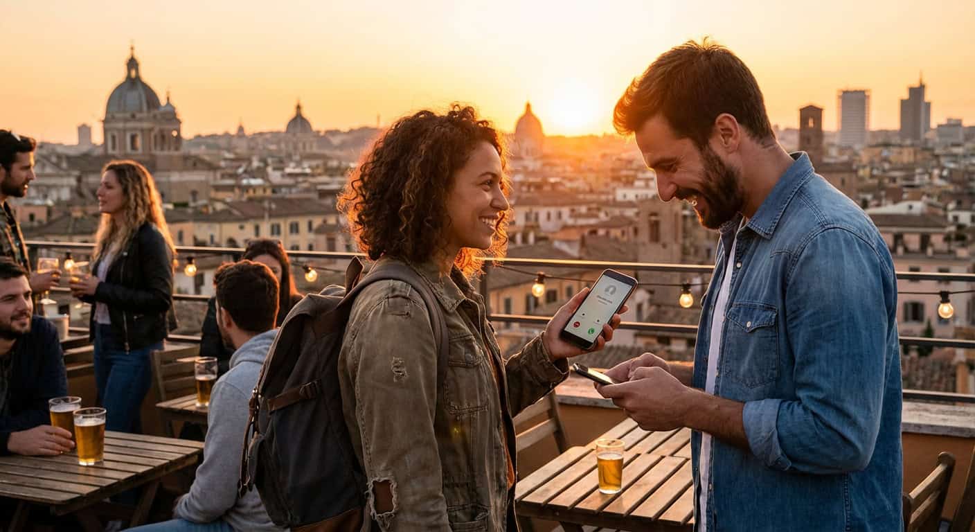 Travelers exchanging contact info and becoming friends