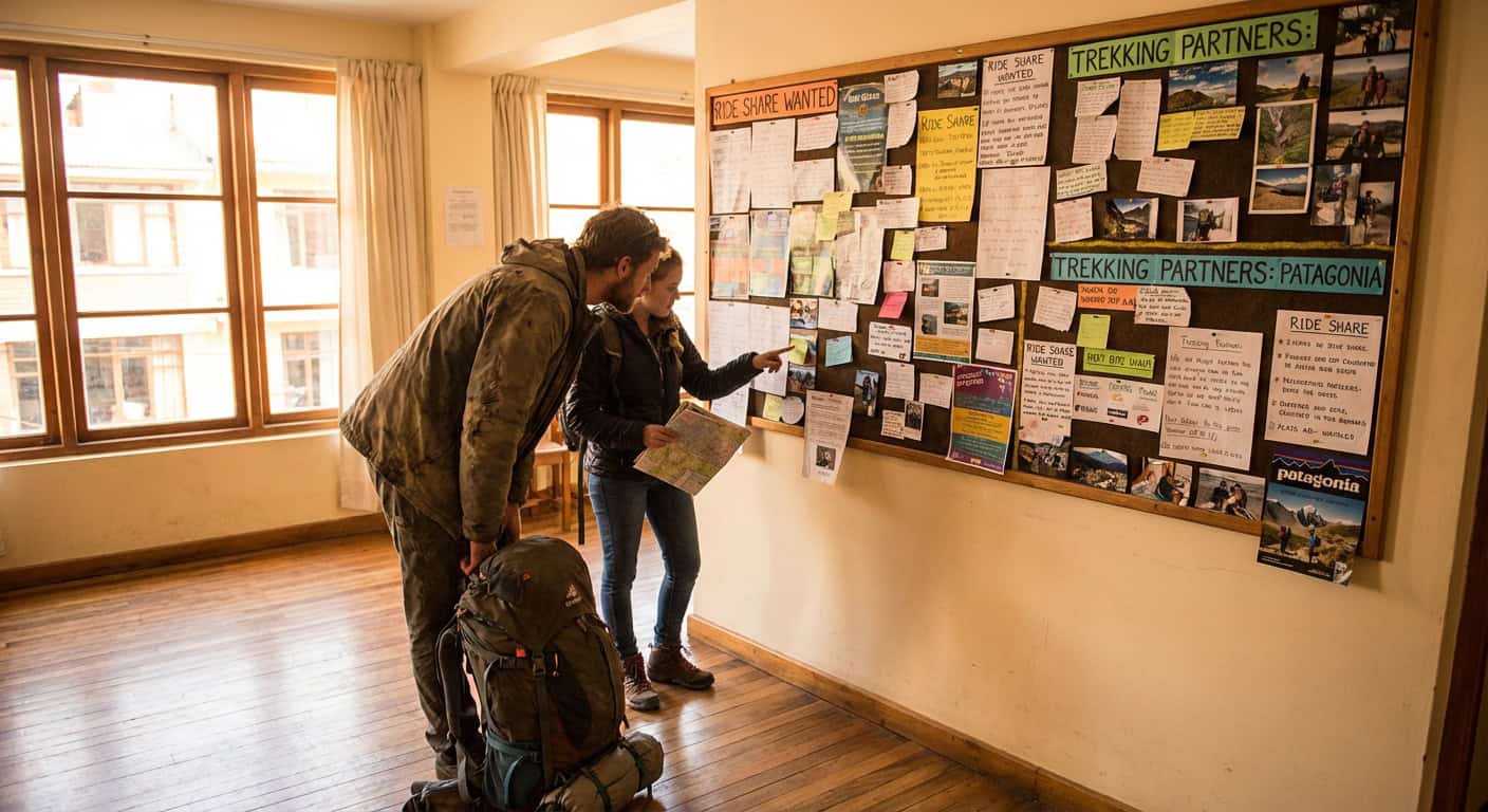 Traveler checking bulletin board for travel companions