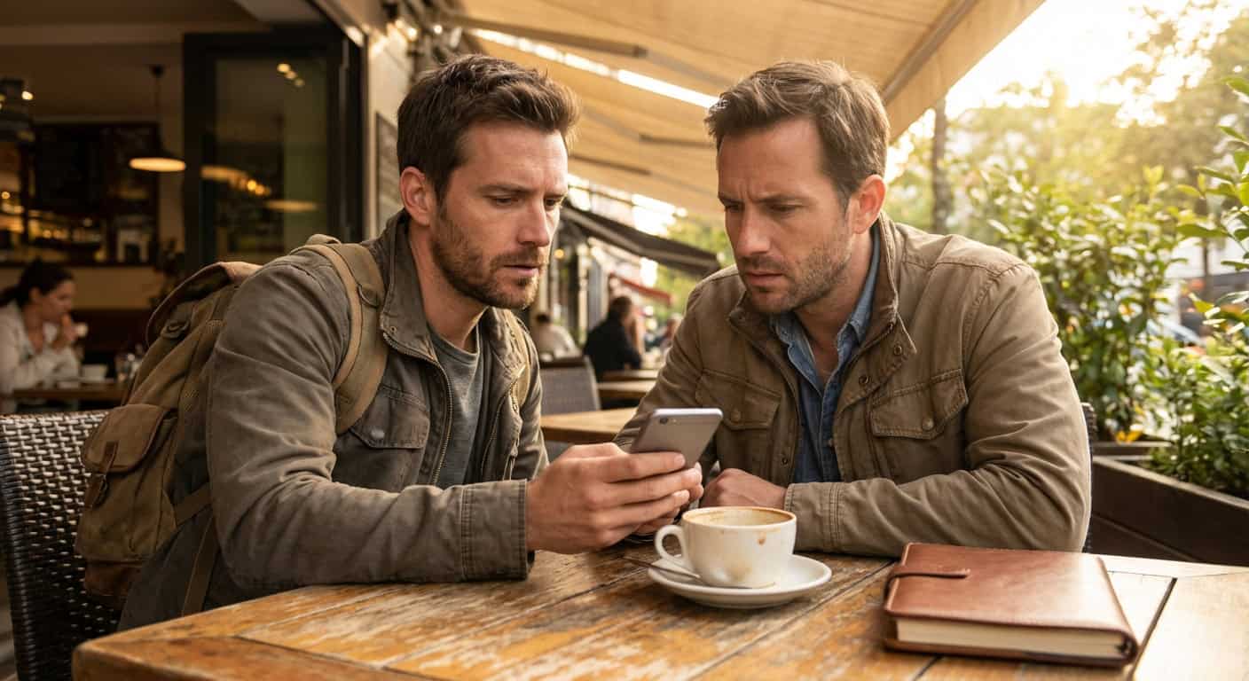 Thoughtful traveler evaluating potential meetup