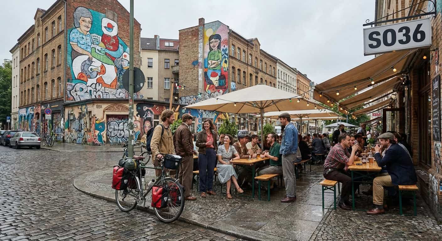 Berlin Kreuzberg street scene with travelers