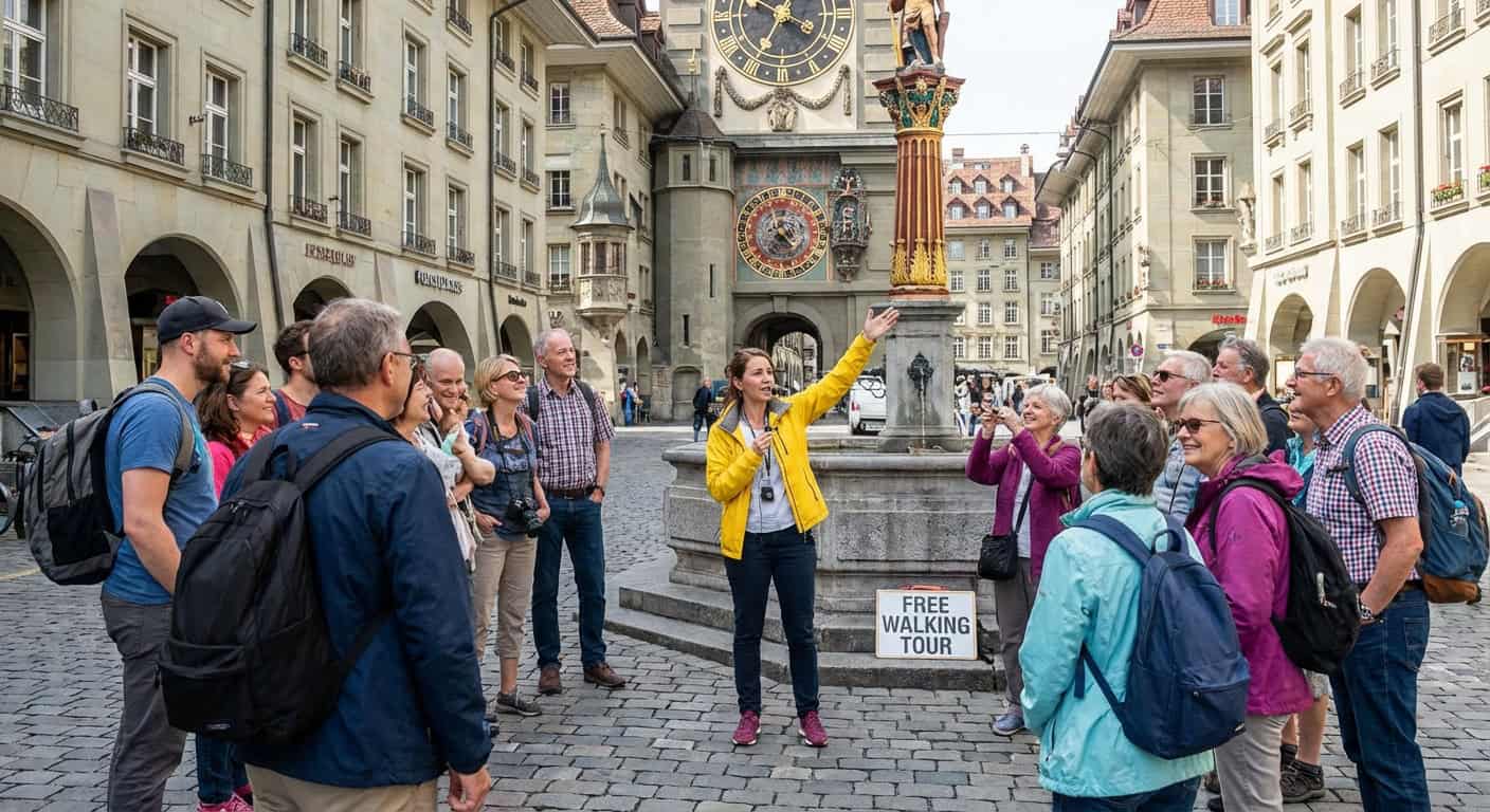 Free walking tour group meeting in plaza