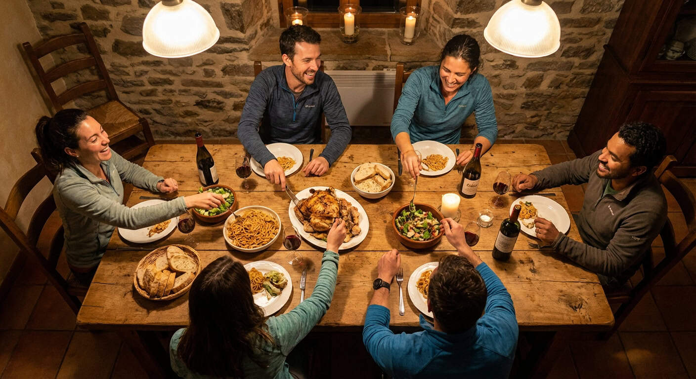 Travelers sharing a communal meal
