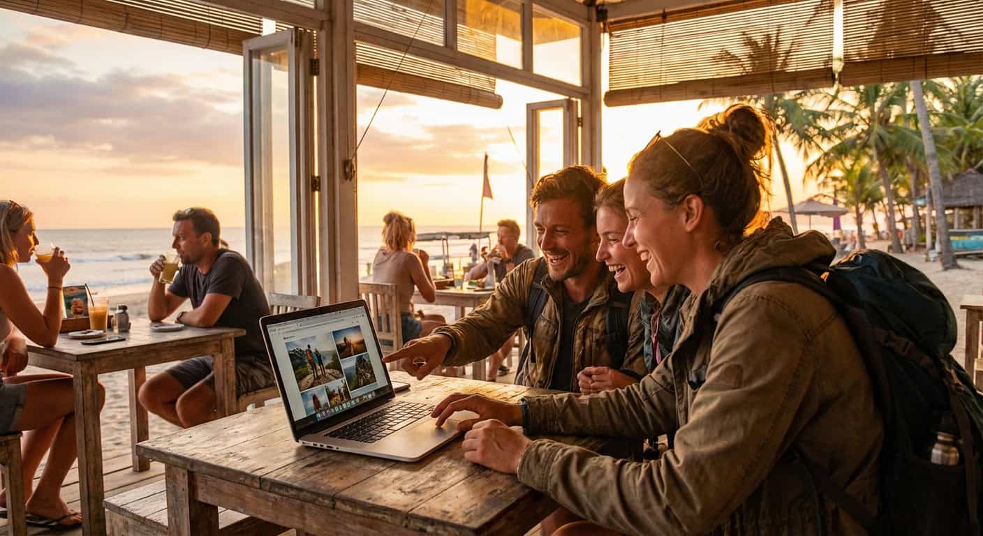 Travelers reliving memories together over photos