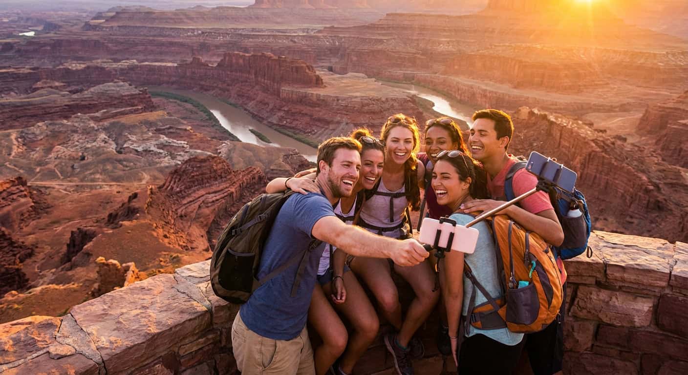 Group selfie at scenic viewpoint