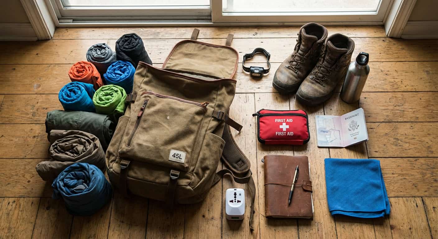 Backpacking essentials flat lay