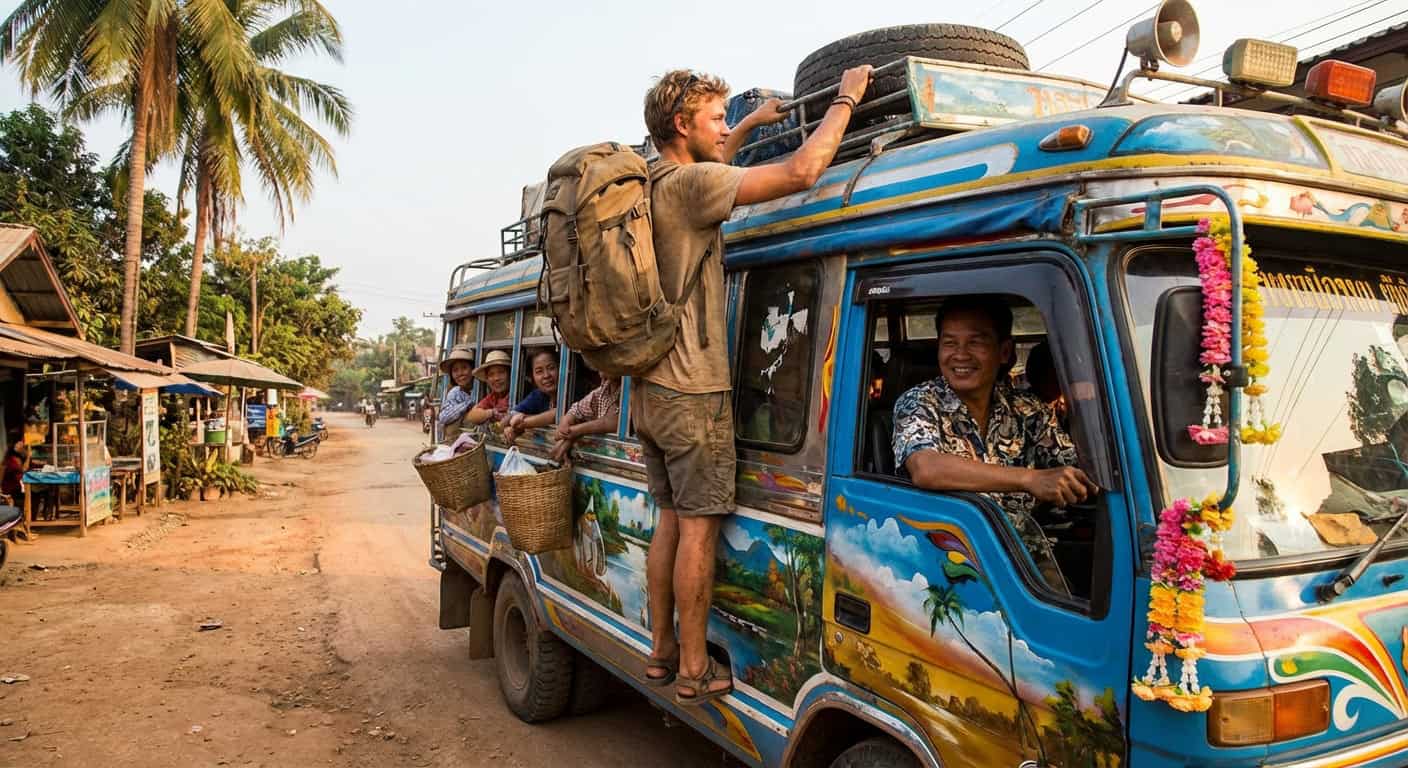 Backpacker boarding local bus in Southeast Asia
