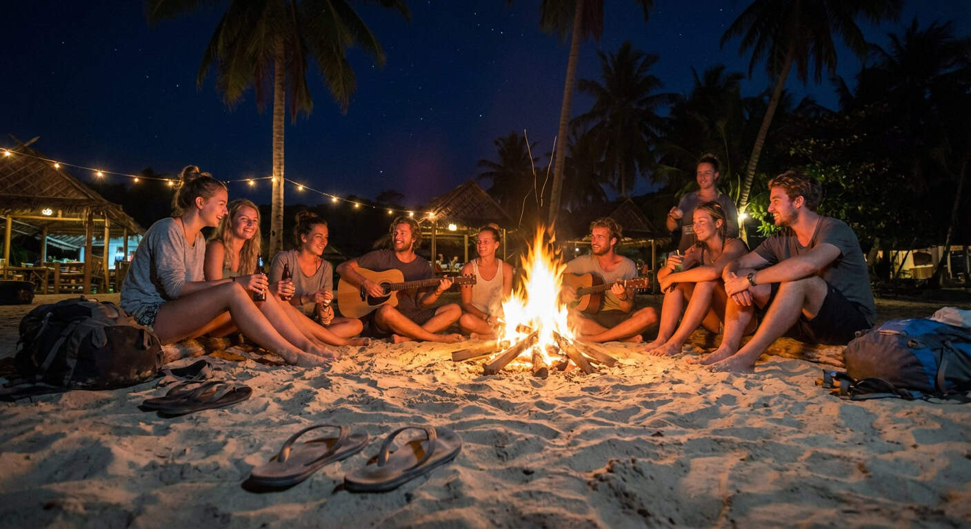 Backpackers socializing at beach bonfire