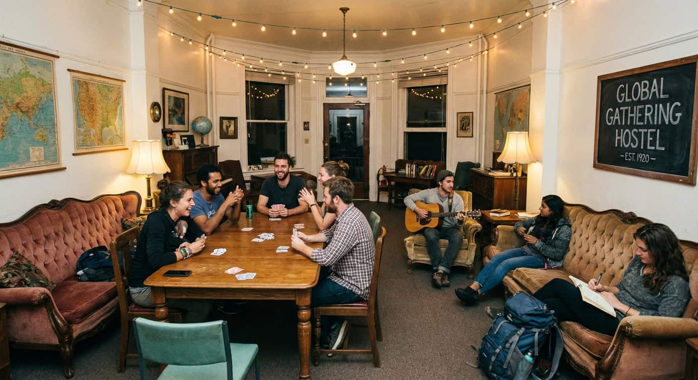 Social hostel common room with travelers