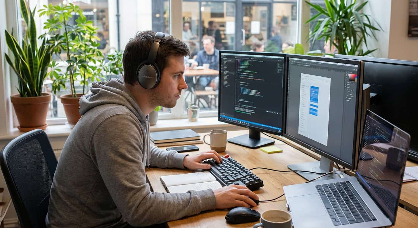 Focused digital nomad in deep work mode