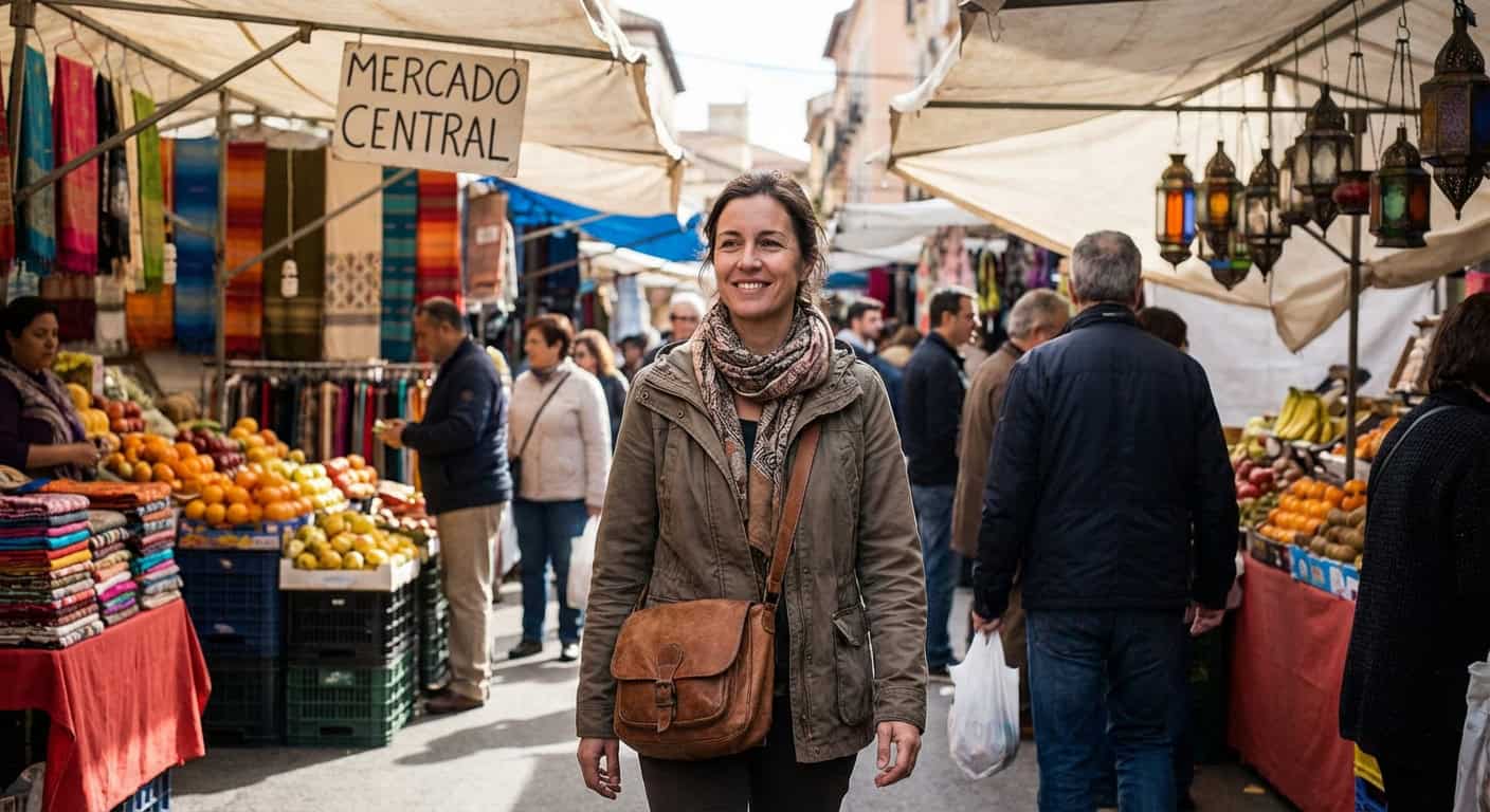 Confident female traveler at market