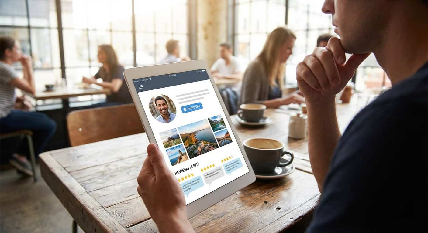 Reviewing travel app profile on tablet