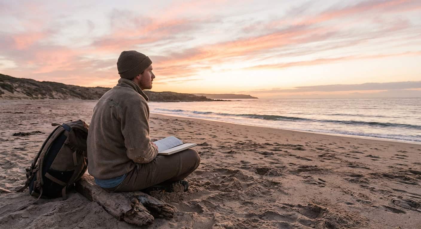 Solo traveler on beach at sunrise