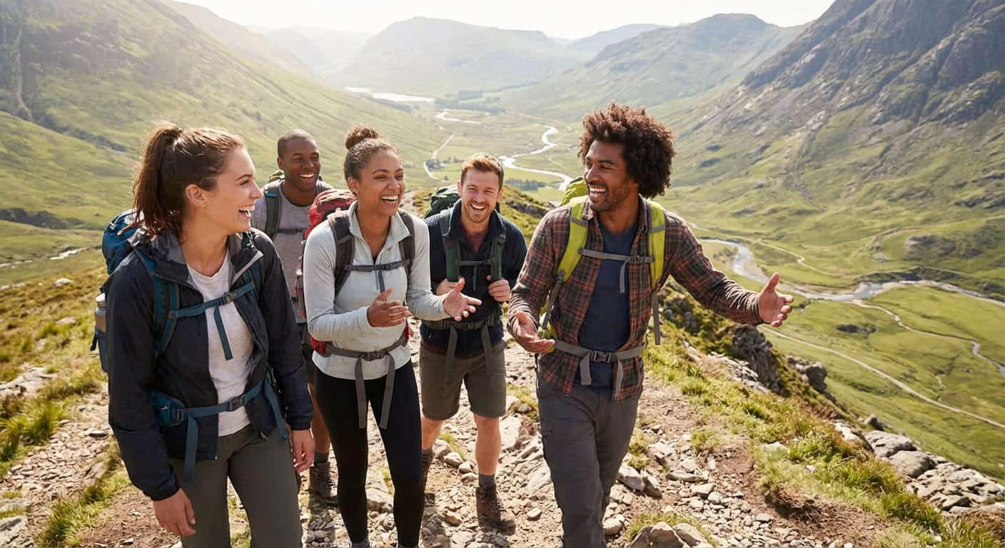 Group of friends hiking mountain trail