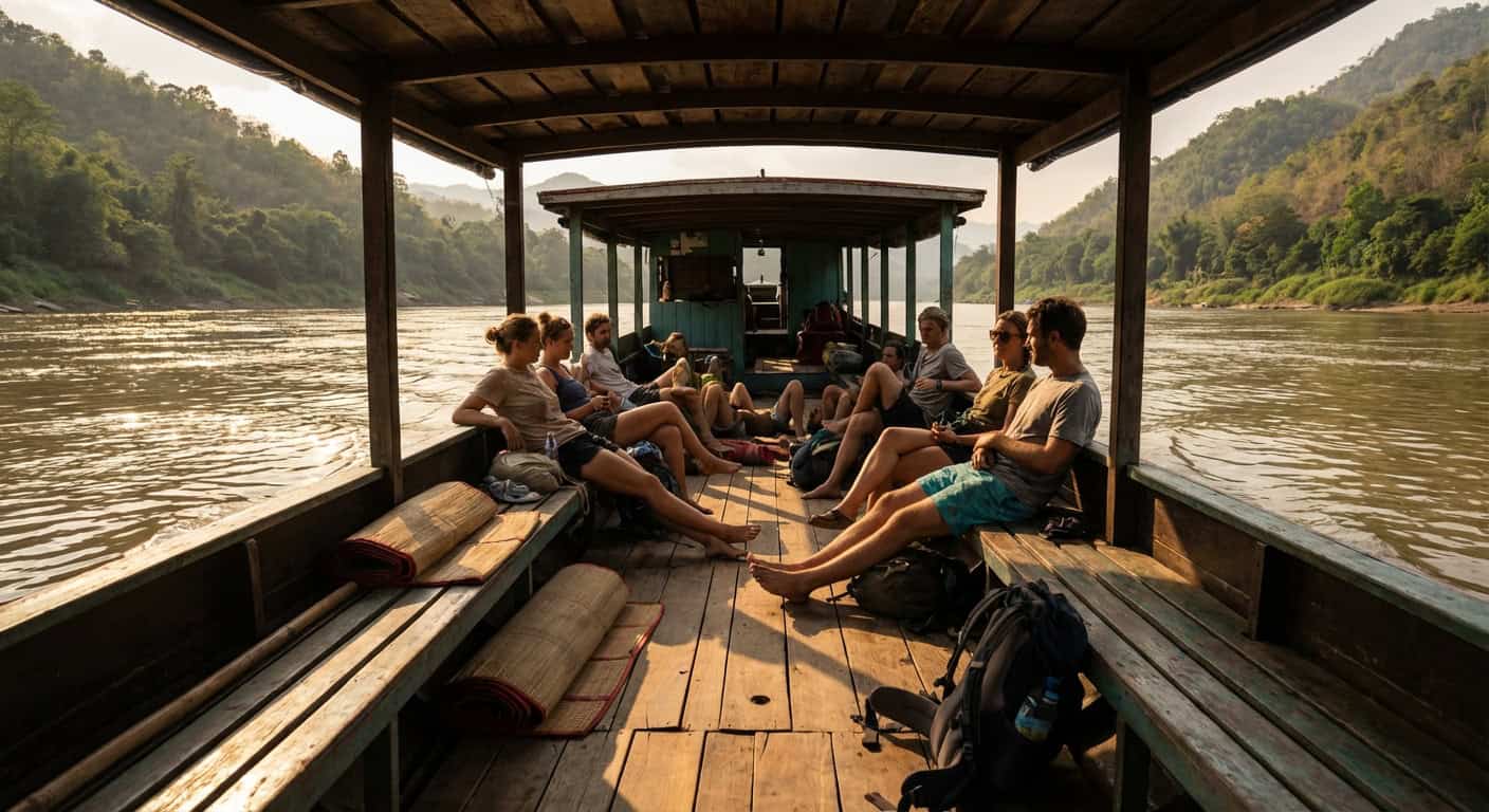 Slow boat on the Mekong River between Thailand and Laos with backpackers