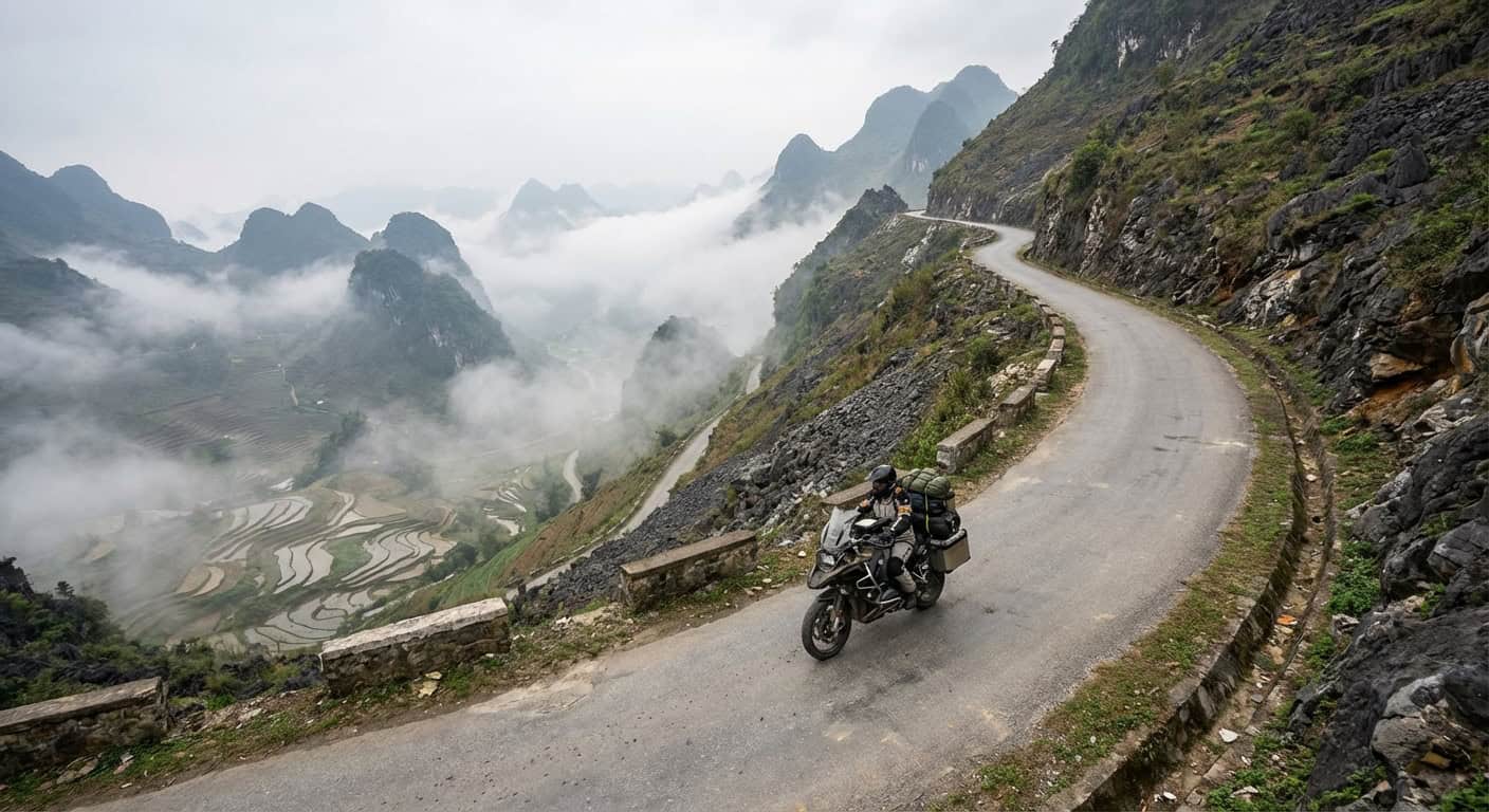 Motorcycle on the Ha Giang Loop winding mountain road in Vietnam