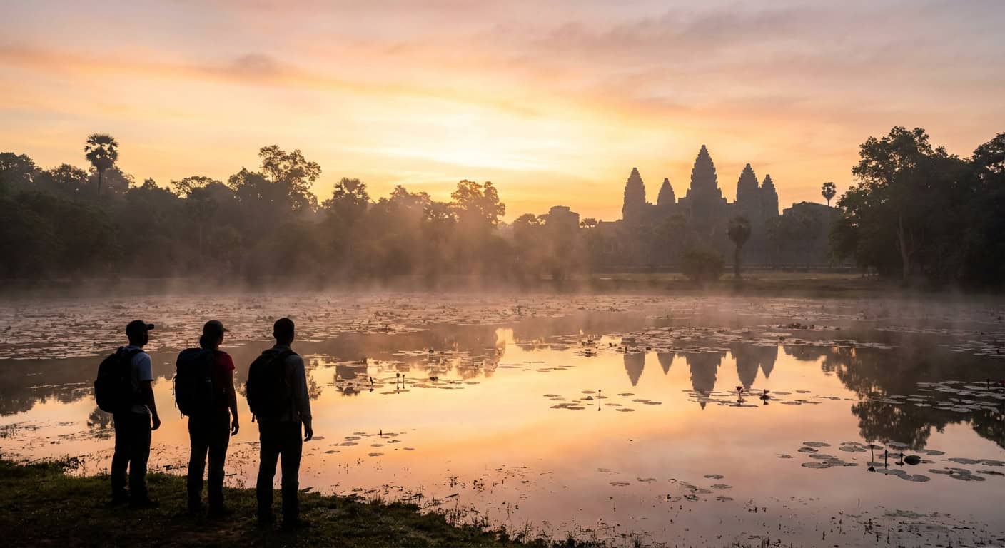 Angkor Wat at sunrise with backpacker silhouettes