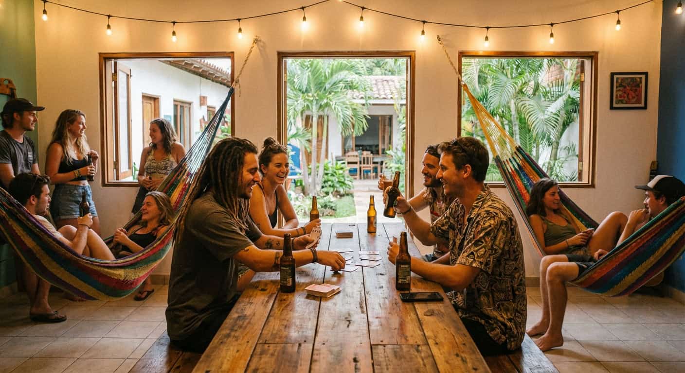 Backpackers socializing in a lively hostel common area
