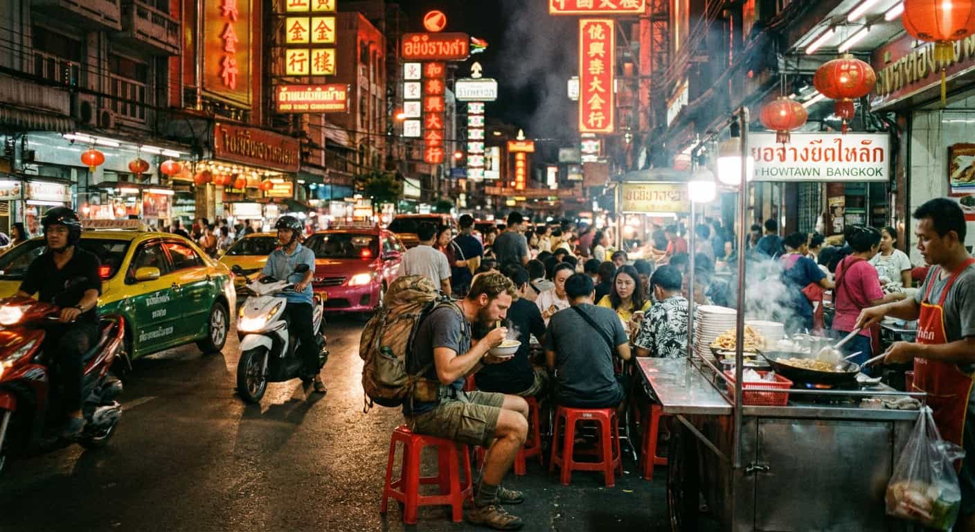 Backpacker eating street food in Bangkok Chinatown