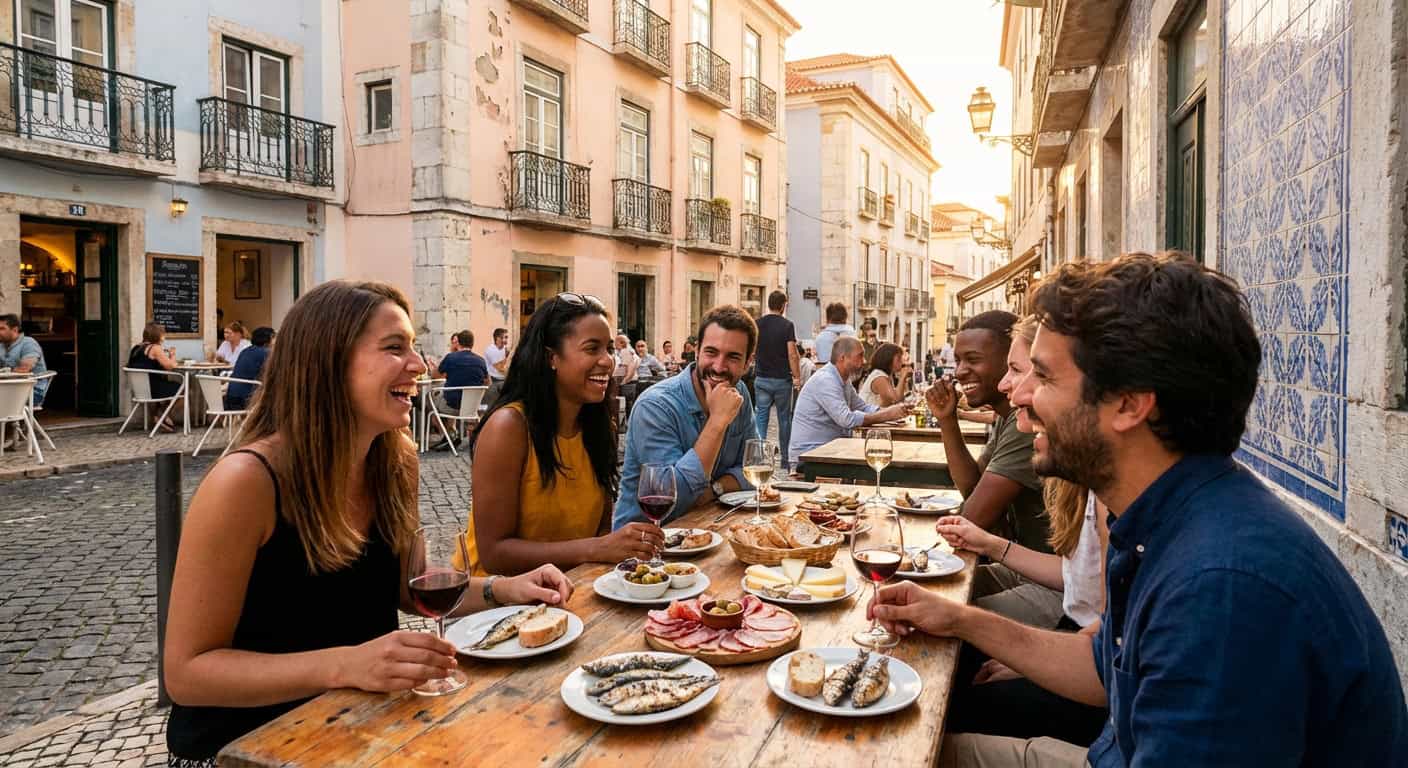 Group sharing Portuguese tapas in Lisbon