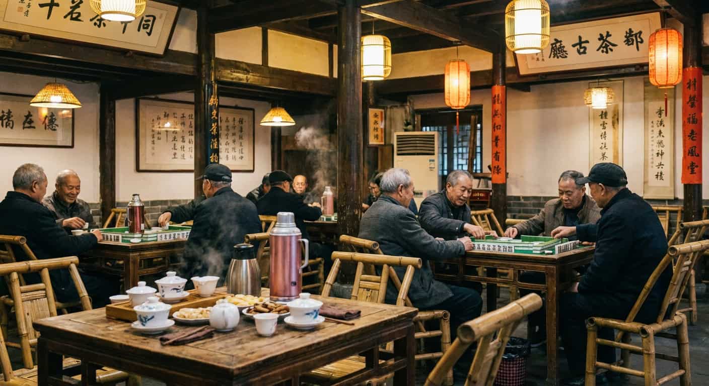 Traditional Chengdu tea house interior with bamboo furniture and tea sets