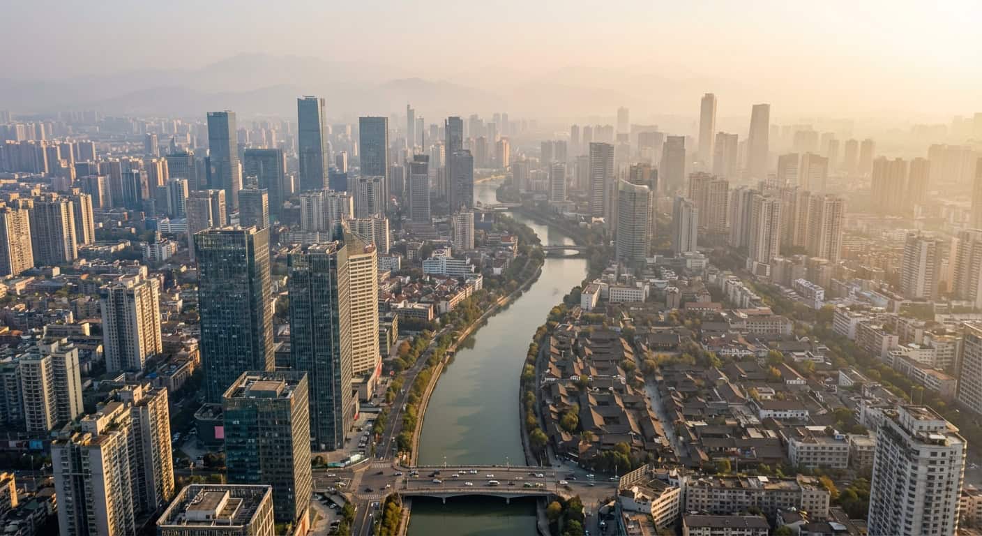 Aerial view of Chengdu city skyline with mountains visible in the distance on a clear day