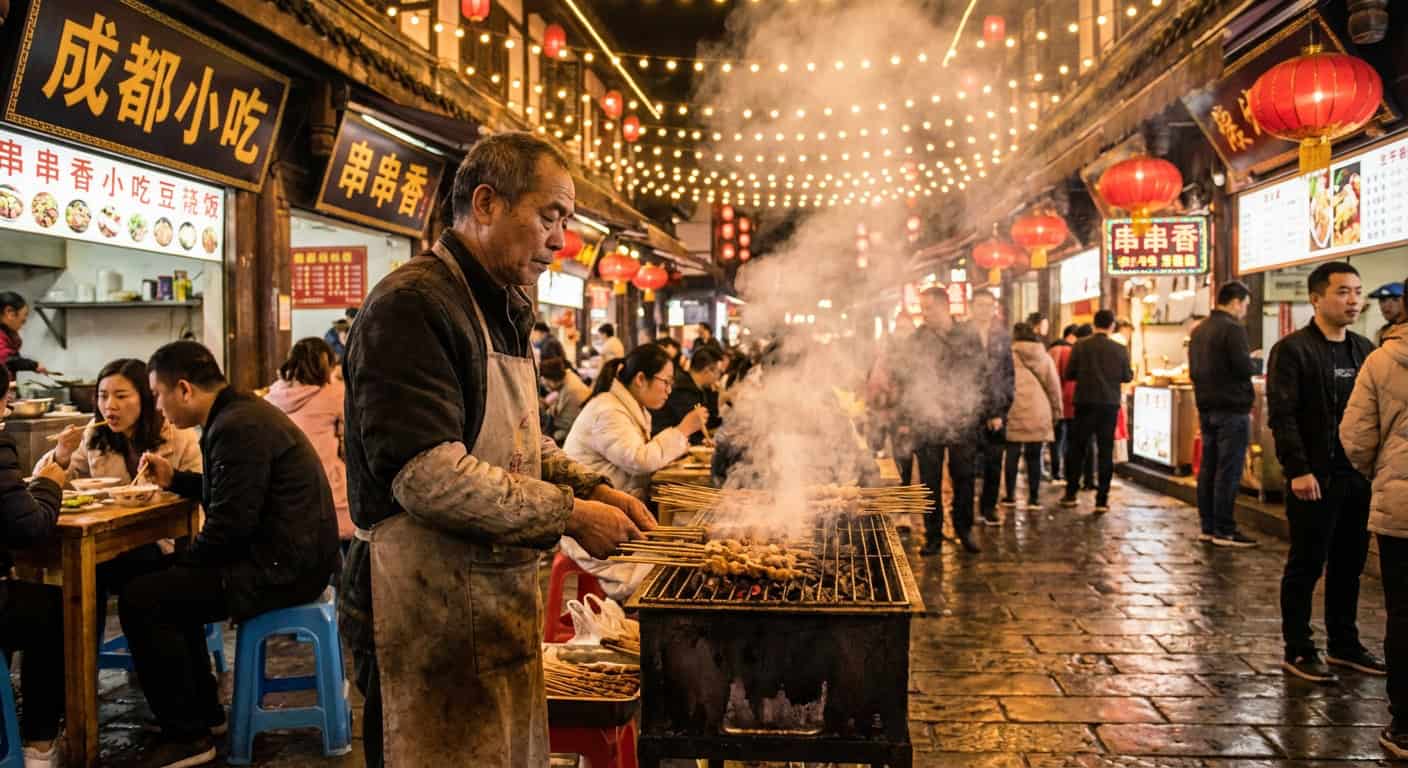 Street food vendor grilling skewers on a busy Chengdu street at night