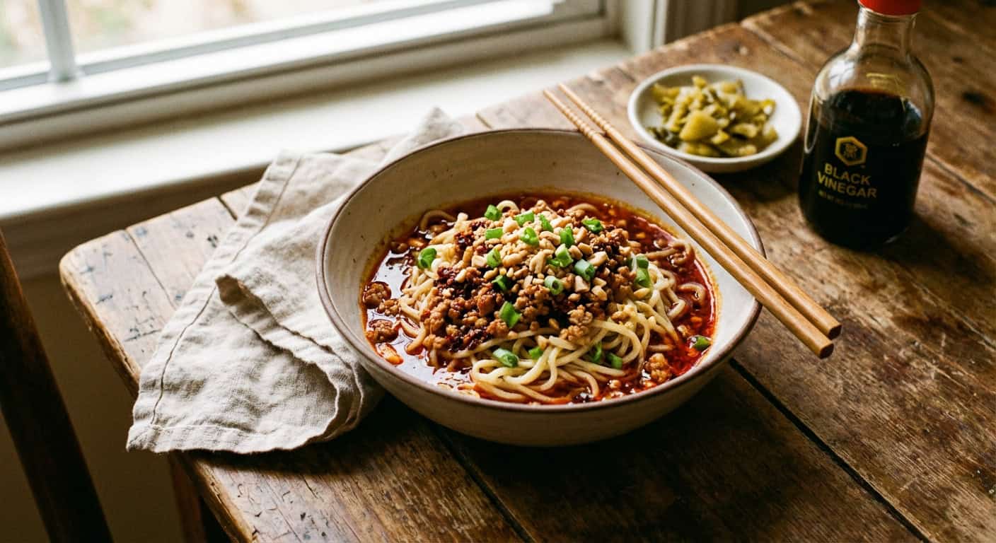 Bowl of dan dan noodles with chili oil and minced pork in Chengdu