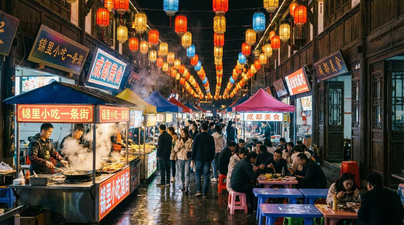 Busy Chengdu night food market with steam rising from food stalls and crowds of locals