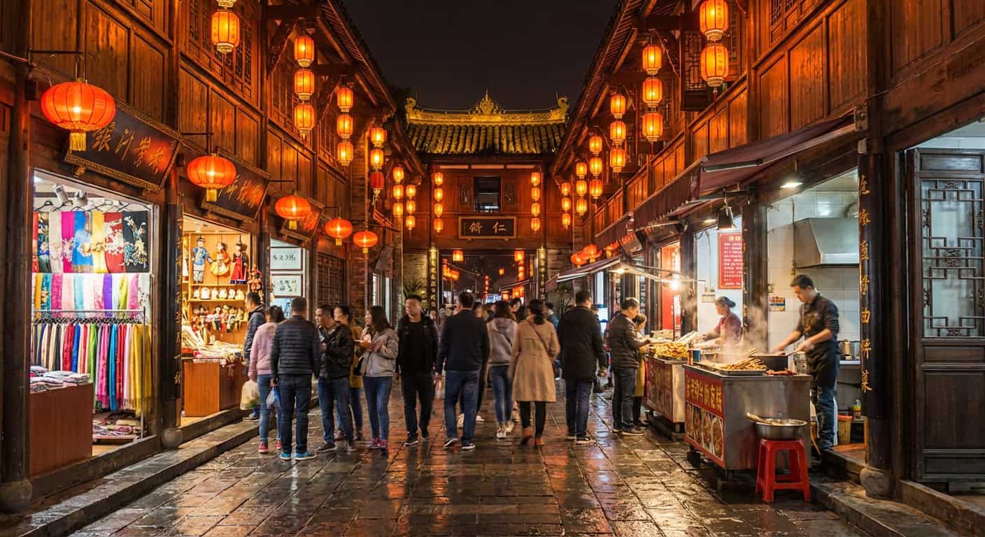 Jinli Ancient Street at night with traditional lanterns and wooden architecture in Chengdu