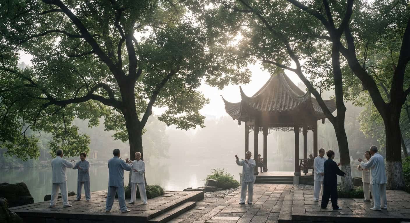 People doing tai chi in Chengdu People's Park on a misty morning surrounded by trees