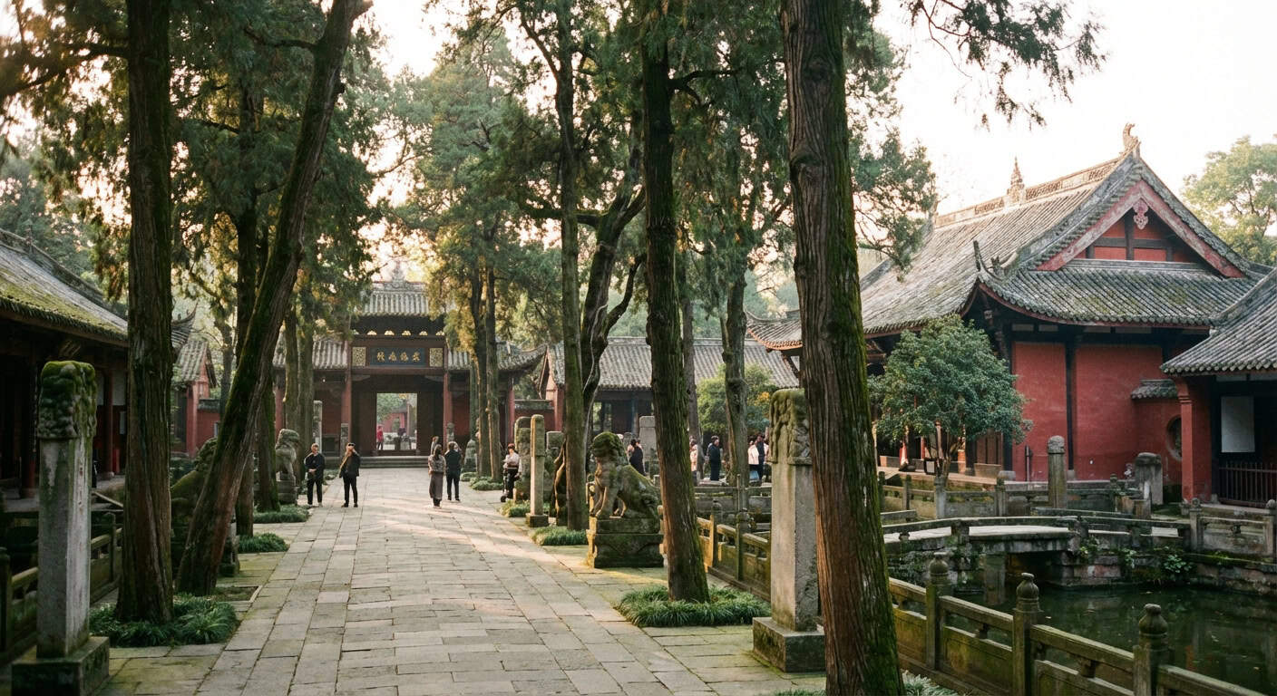 Red wall pathway at Wuhou Shrine in Chengdu with tall bamboo and green trees