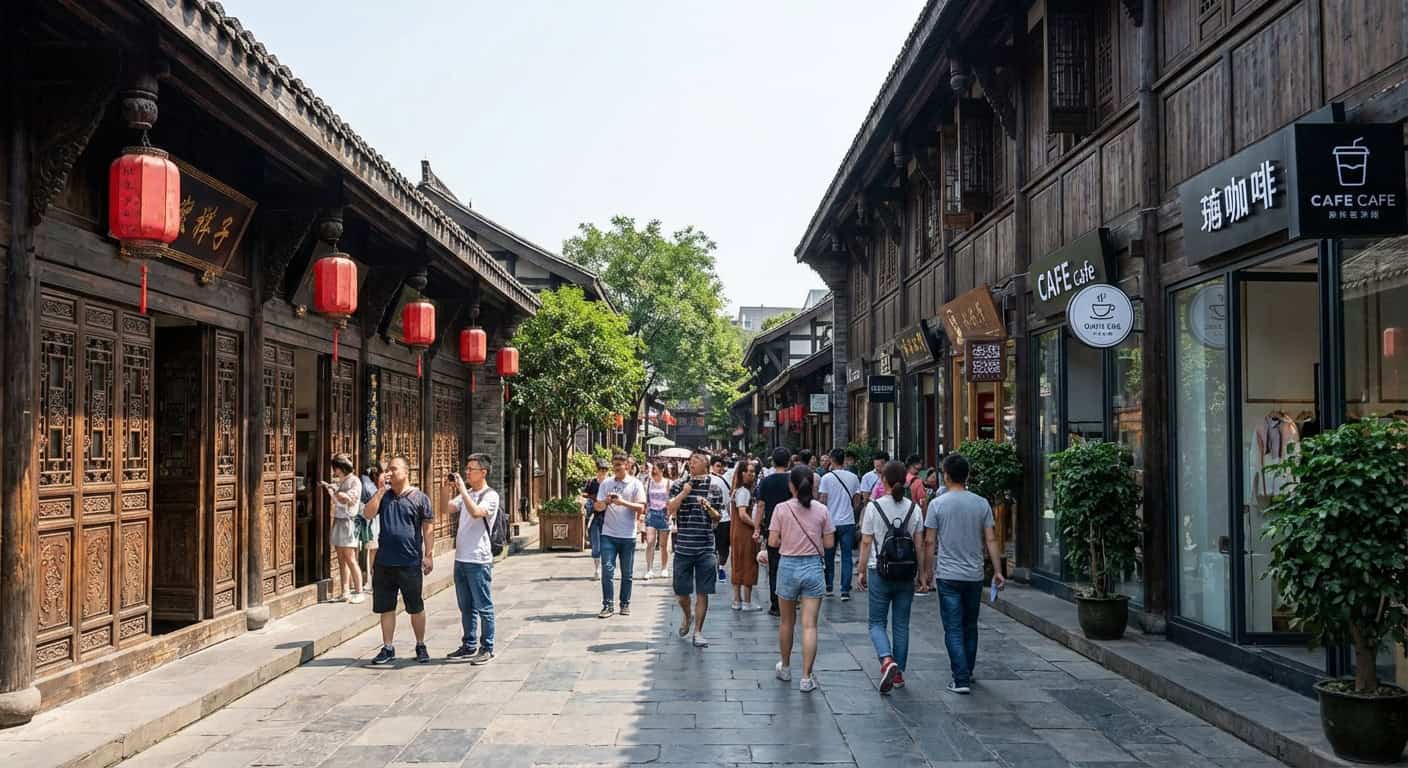 Wide and Narrow Alleys in Chengdu with traditional courtyard architecture and visitors walking through