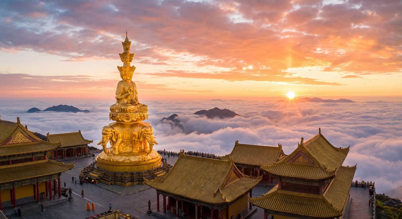 Golden Summit of Mount Emei with golden statue and sea of clouds at sunrise