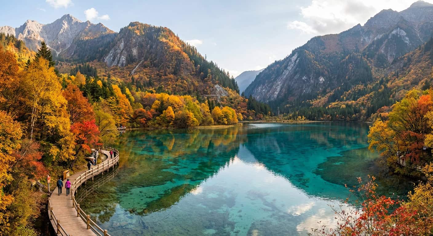 Crystal clear turquoise lakes of Jiuzhaigou Valley surrounded by colorful autumn forest