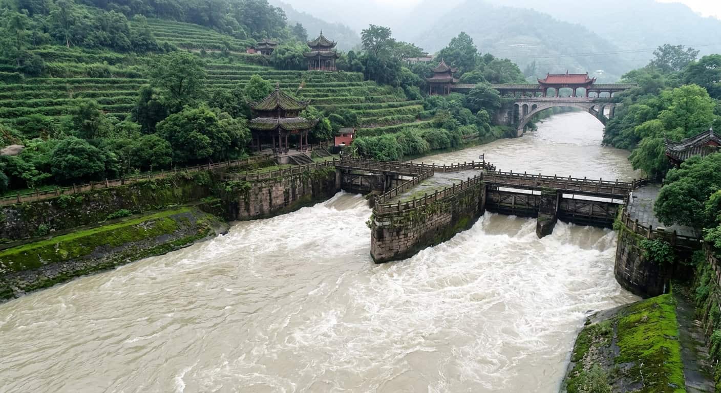 Ancient Dujiangyan irrigation system with rushing water flowing through the engineered channels