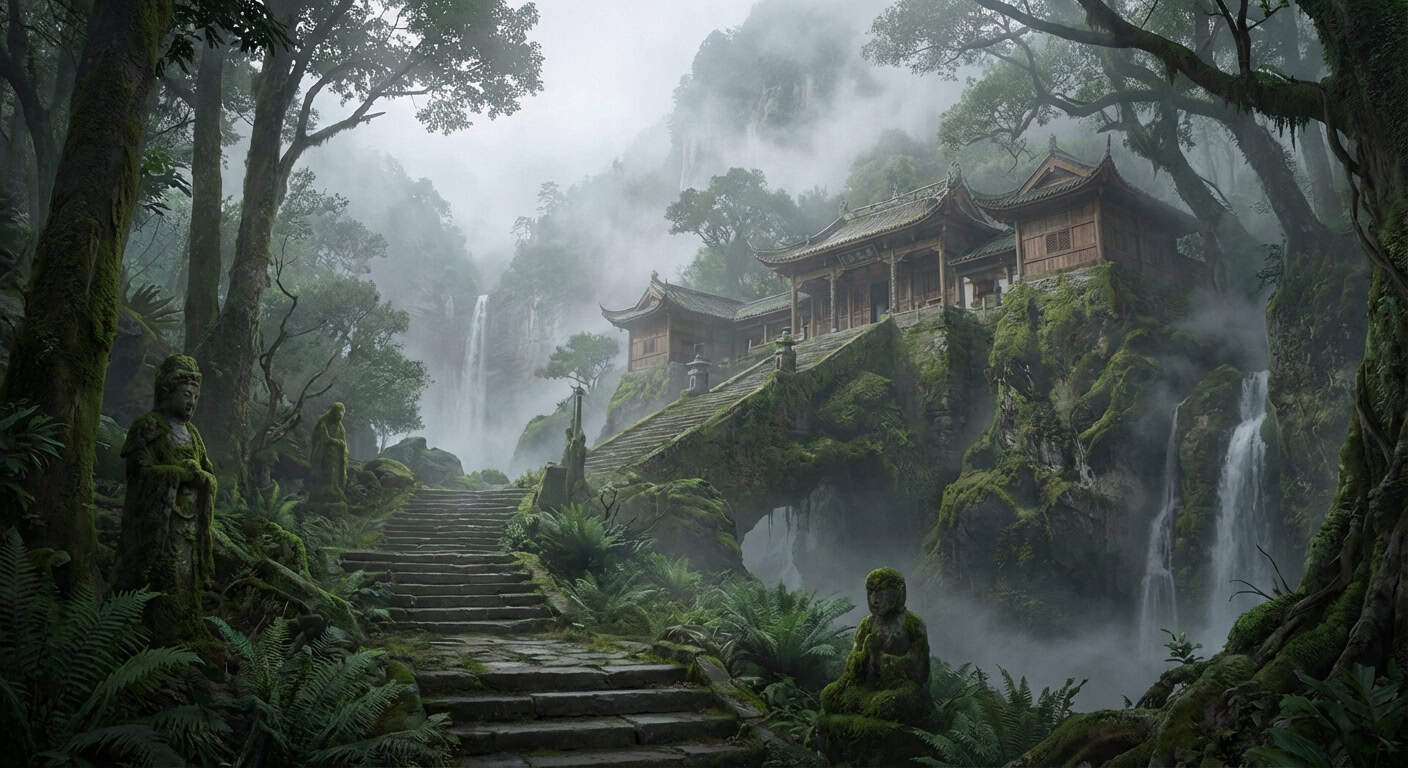 Taoist temple on Qingcheng Mountain surrounded by misty green forest