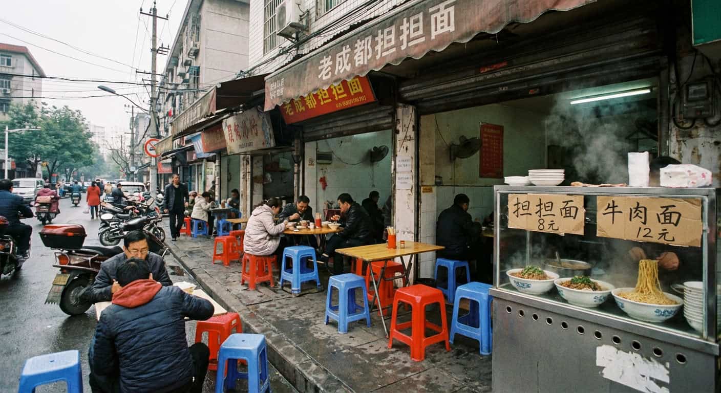 Cheap local restaurant in Chengdu with bowls of dan dan noodles and spicy dishes