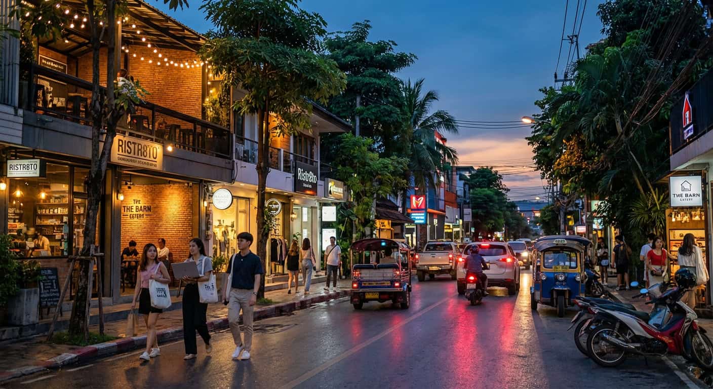 Nimmanhaemin Road in Chiang Mai lined with trendy cafes and coworking spaces popular with digital nomads