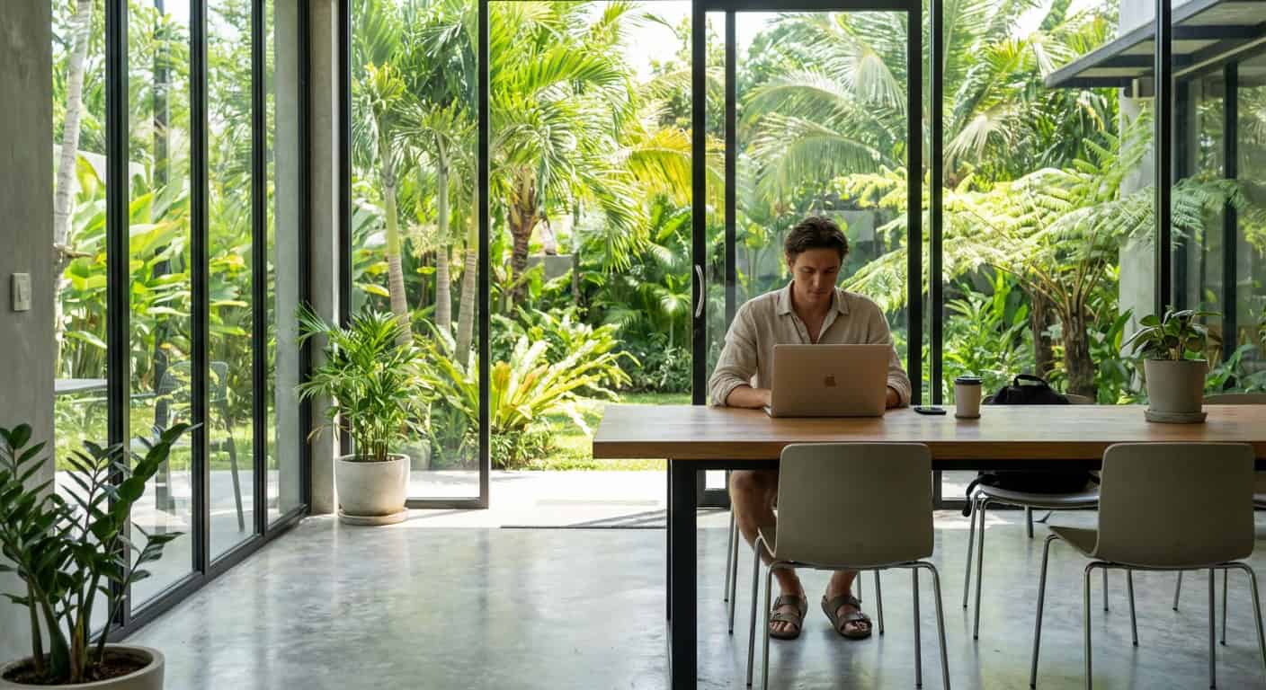 Quiet tree-lined street in the Santitham neighborhood of Chiang Mai with local food stalls and a parked scooter